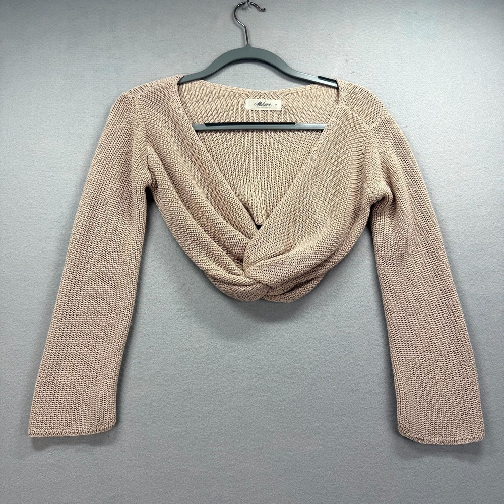 Mahina Cropped Sweater Womens Small Beige Twisted Knot Detail Chunky Knit V-Neck